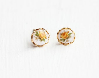 Flower Bezel Studs, Rose Studs, Yellow Flower Studs, Gold Bezel Studs, Bezel Studs, Cabochon Studs, Yellow Rose Studs, Rose Earrings, Studs