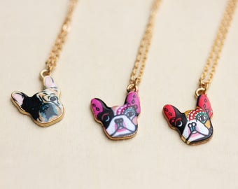 Bulldog Charm Necklace, French Bulldog Necklace, Gold Charm Necklace, Gold Chain, Enamel Necklace, Enamel Charm Necklace, Dog Necklace