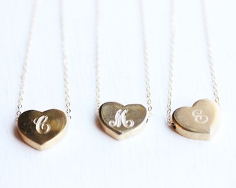 Heart Initial Necklace, Heart Necklace, Gold Heart Necklace, Gold Filled Necklace, Signet Necklace, Monogram Necklace, A,B,C,E,F,M,N,P,T
