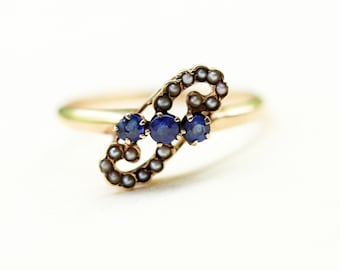 Victorian Paisley Ring, Blue Victorian Ring, Pearl Victorian Ring, Gold Victorian Ring, Victorian Paste Ring, Gold Pearl Ring, Size 8.75