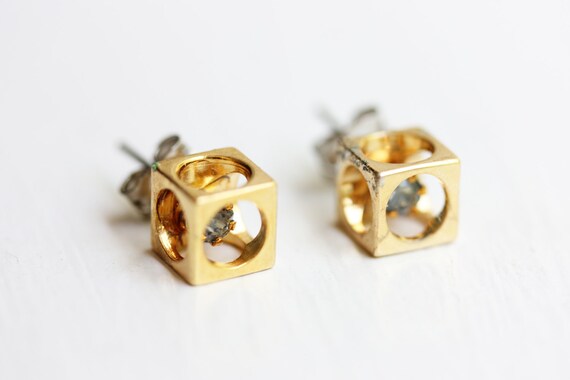 Crystal Cube Studs, Cube Studs, Gold Cube Studs, … - image 2