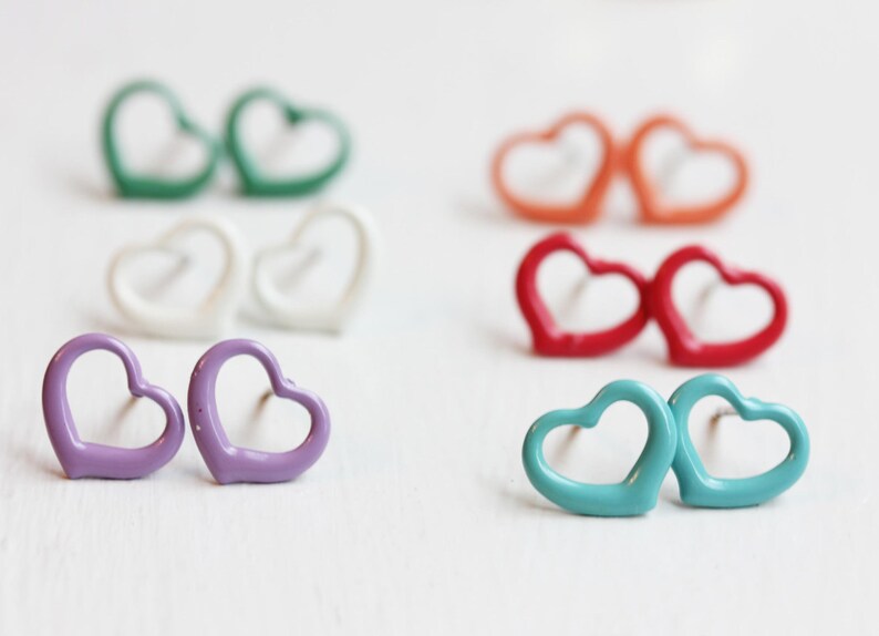 Enamel Heart Studs, Heart Studs, Colorful Studs, Heart Shaped Studs, Enamel Studs, Steel Studs, Vintage Heart Studs, Stud Earrings, Studs image 1