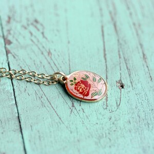 Pink Rose Necklace, Rose Charm Necklace, Flower Necklace, Enamel Flower Necklace, Gold Filled Necklace, Rose Necklace
