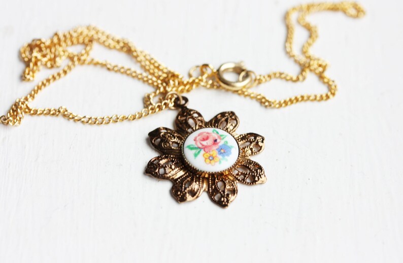 Filigree Flower Necklace, Flower Necklace, Brass Necklace, Cabochon Necklace, Filigree Necklace image 1