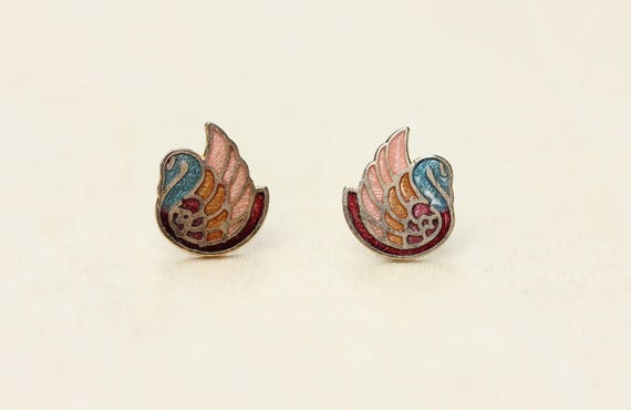 Cloisonné Swan Studs, Swan Studs, Bird Studs, Enamel Studs, Colorful Studs, Gold Studs, Animal Studs, Cloisonné Studs, Swan