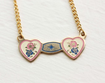 Heart Necklace, Two Heart Necklace, Pink Necklace, Yellow Necklace, Heart Charm Necklace, Enamel Necklace