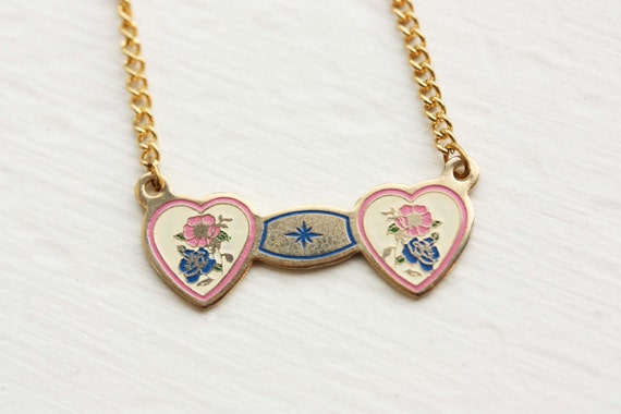 Heart Necklace, Two Heart Necklace, Pink Necklace… - image 1