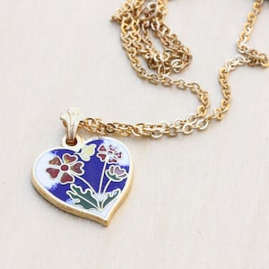 Blue Flower Heart Necklace, Heart Necklace, Blue Flower Necklace, Blue Heart Necklace, Enamel Necklace, Enamel Heart Necklace, Gold Heart