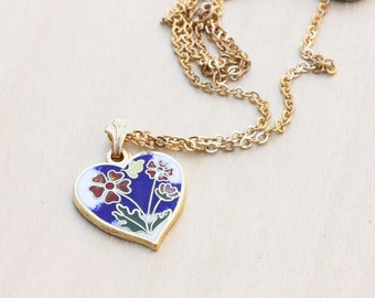 Blue Flower Heart Necklace, Heart Necklace, Blue Flower Necklace, Blue Heart Necklace, Enamel Necklace, Enamel Heart Necklace, Gold Heart