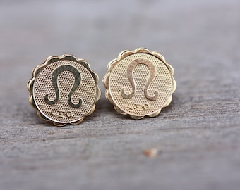 Leo Astrology Studs, Leo Studs, Astrology Studs, Zodiac Studs, Round Gold Studs