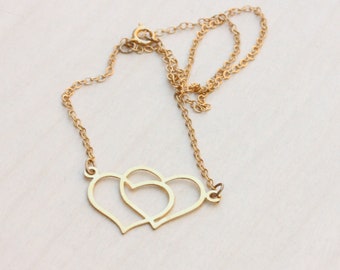 Gold Double Heart Necklace, Heart Necklace, Gold Heart Necklace, Twin Heart Necklace, Two Heart Necklace