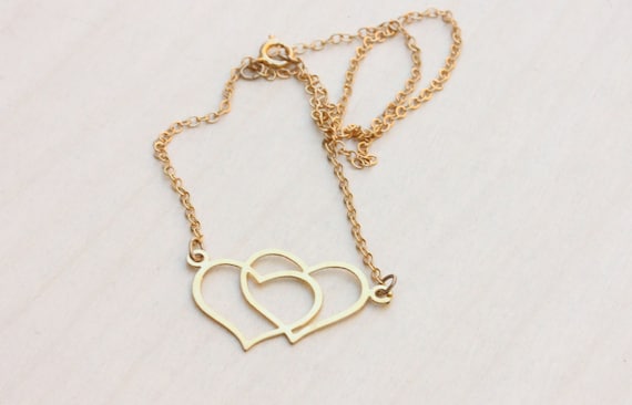 Gold Double Heart Necklace, Heart Necklace, Gold … - image 1
