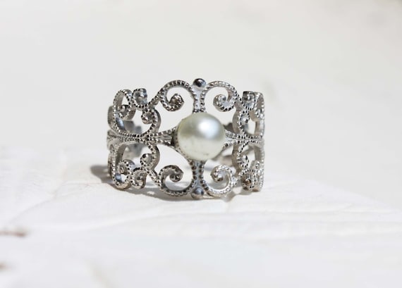 Silver Filigree Ring, Pearl Ring, Filigree Ring, … - image 1