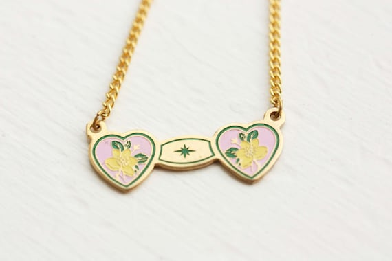 Pink Heart Necklace, Double Heart Necklace, Vintage Heart Necklace, Enamel Heart Necklace, Pink Enamel Necklace, Heart Necklace, Chain