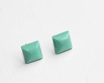 Turquoise Dome Studs, Green Square Studs, Gold Square Studs, Turquoise Studs, Turquoise Earrings, Cube Studs, Glass Studs, Vintage Studs