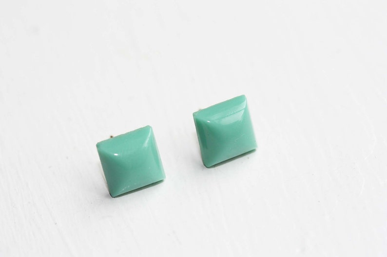 Turquoise Dome Studs, Green Square Studs, Gold Square Studs, Turquoise Studs, Turquoise Earrings, Cube Studs, Glass Studs, Vintage Studs image 1