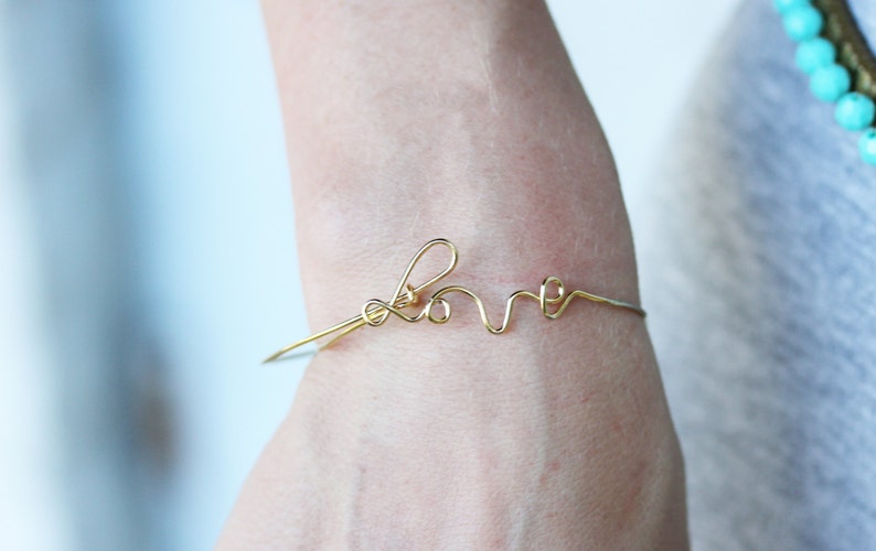 Love Word Bracelet, Love Wire Bracelet, Cursive Love Bracelet, Gold Love Bracelet, Silver Love Bracelet, Adjustable Gold Bracelet image 5