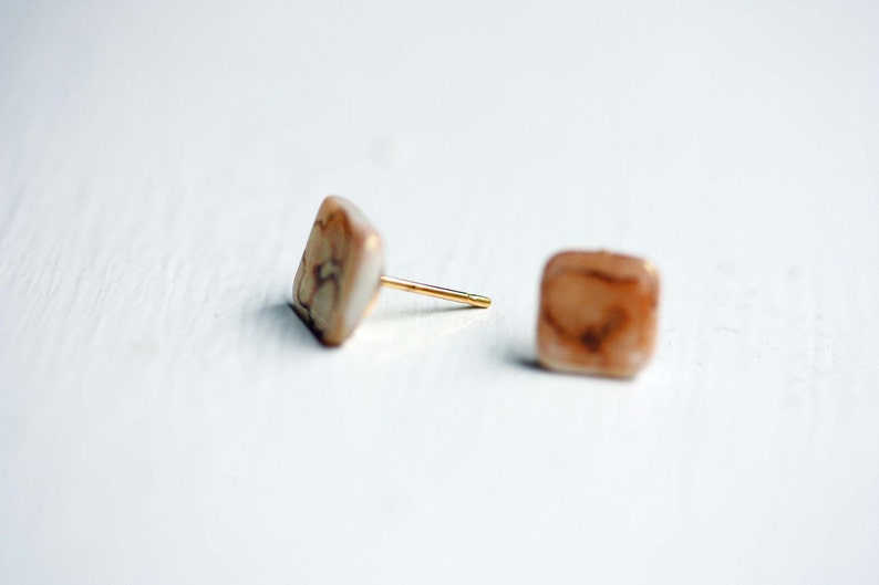 Tiny Pebble Studs, Beach Studs, Tile Studs, Square Studs, Glass Studs, Small Square Studs, Tan Studs, Square Shape Studs image 2