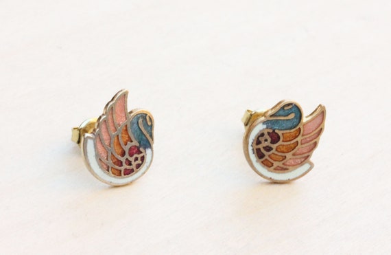 White Swan Studs, Swan Studs, Bird Studs, Enamel Studs, Colorful Studs, Gold Studs, Animal Studs, Cloisonné Studs, Swan