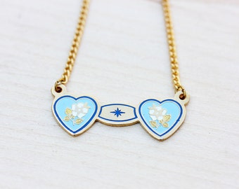Heart Enamel Necklace, Double Heart Necklace, Vintage Heart Necklace, Gold Heart Necklace, Two Heart Necklace, Blue and White Heart Necklace