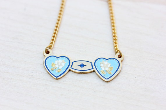 Heart Enamel Necklace, Double Heart Necklace, Vintage Heart Necklace, Gold Heart Necklace, Two Heart Necklace, Blue and White Heart Necklace