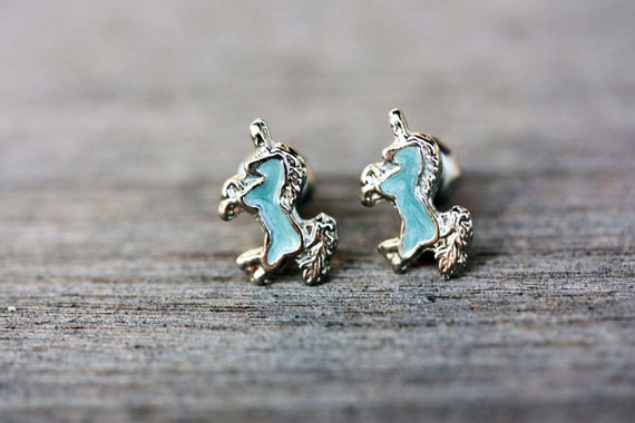 Unicorn Studs Silver, Enamel Unicorn Studs, Blue … - image 2
