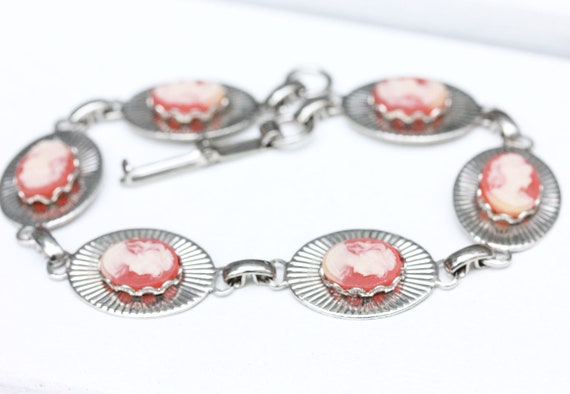 Cameo Bracelet Pink, Cameo Bracelet Silver, Link Bracelet Silver,  Silver Bracelet, Pink Bracelet, Cameo Bracelet