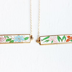 Flower Bar Necklace, Enamel Bar Necklace, Colorful Flower Bar Necklace, Vintage Flower Necklace, Gold Bar Necklace, Tropical Flower Jewelry