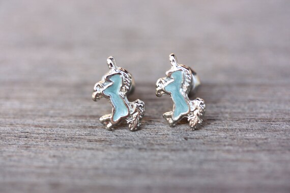 Unicorn Studs Silver, Enamel Unicorn Studs, Blue … - image 3