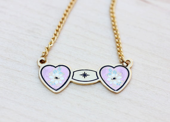 Two Heart Necklace, Pink Heart Necklace, Enamel Heart Necklace, Double Heart Necklace, Vintage Heart Necklace, Pink Necklace, Heart Necklace
