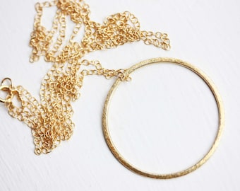 Gold Circle Necklace, Long Necklace, Gold Filled Necklace, Long Circle Necklace, Circle Charm Necklace