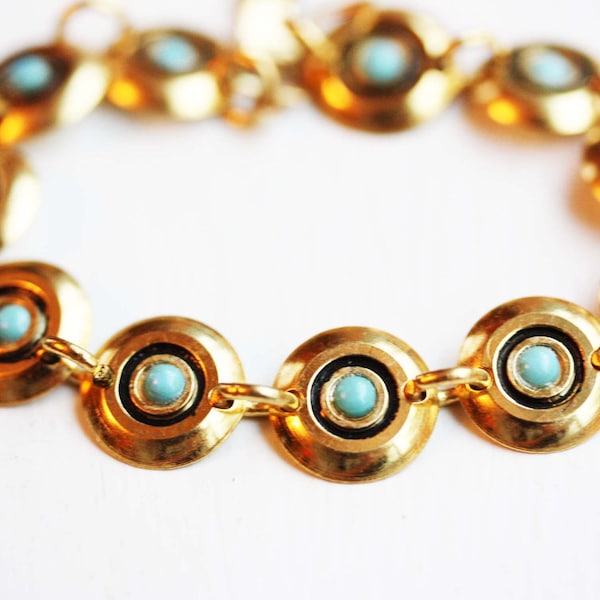 Turquoise Gold Bracelet, Turquoise Beaded Bracelet, Gold Disc Bracelet, Gold Chain Bracelet, Gold Link Bracelet, Turquoise Gold Bracelet