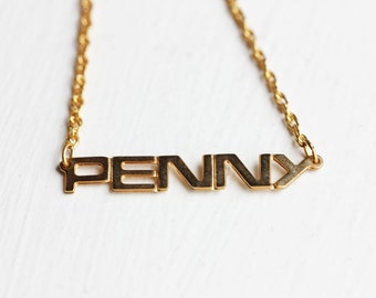 Penny Name Necklace, Vintage Name Necklace, Name Necklace, Penny Necklace, Gold Name Necklace, Monogram Necklace, Chain Necklace, Name