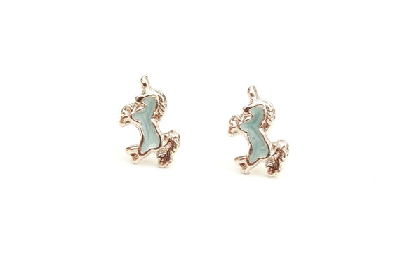 Unicorn Studs Silver, Enamel Unicorn Studs, Blue … - image 1