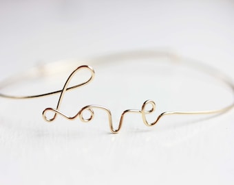 Love Word Bracelet, Love Wire Bracelet, Cursive Love Bracelet, Gold Love Bracelet, Silver Love Bracelet, Adjustable Gold Bracelet