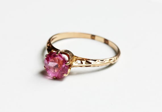 Victorian Pink Ring, Pink Stone Ring, Gold Victor… - image 1