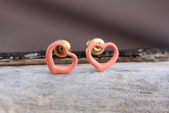 Peach Heart Studs, Heart Studs, Pink Heart Studs,… - image 1