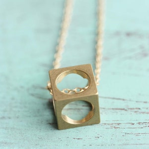 Cube Necklace Brass, Geometric Cube Necklace, Brass Square Necklace, Brass Pendant Necklace, Gold Filled Necklace, Long Necklace, Gold Chain image 1