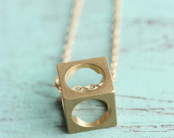 Cube Necklace Brass, Geometric Cube Necklace, Brass Square Necklace, Brass Pendant Necklace, Gold Filled Necklace, Long Necklace, Gold Chain