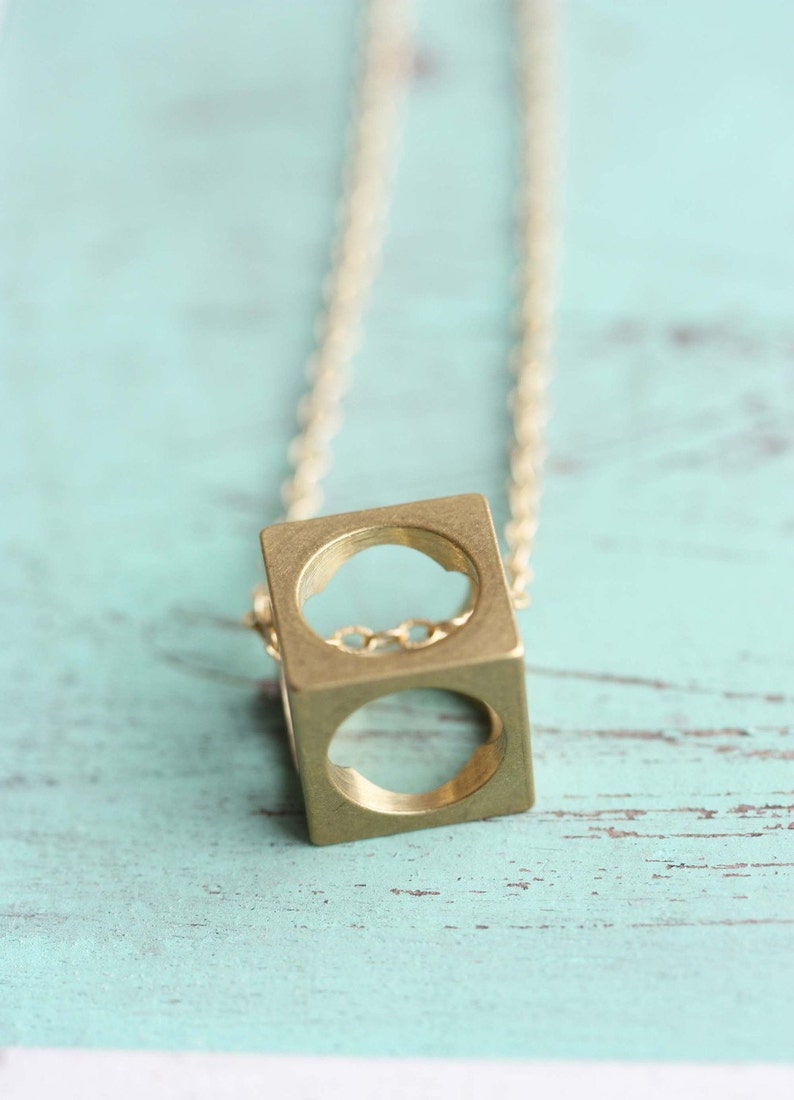 Cube Necklace Brass, Geometric Cube Necklace, Brass Square Necklace, Brass Pendant Necklace, Gold Filled Necklace, Long Necklace, Gold Chain image 1