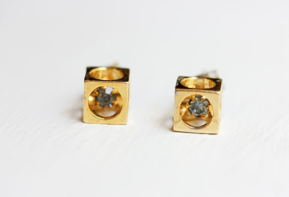 Crystal Cube Studs, Cube Studs, Gold Cube Studs, … - image 1
