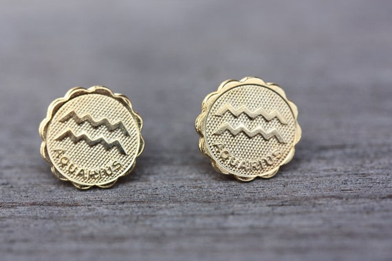 Aquarius Astrology Studs, Astrology Studs, Aquarius Studs, Round Gold Studs, Zodiac Studs, Gold Circle Studs, Horoscope Studs