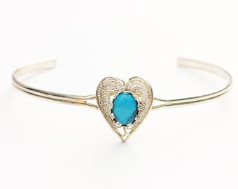 Heart Cuff Bracelet, Blue Heart Bracelet, Heart Bracelet, Silver Cuff Bracelet, Silver Heart Bracelet, Silver Cuff, Silver Bracelet