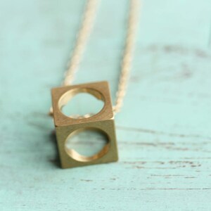 Cube Necklace Brass, Geometric Cube Necklace, Brass Square Necklace, Brass Pendant Necklace, Gold Filled Necklace, Long Necklace, Gold Chain image 2