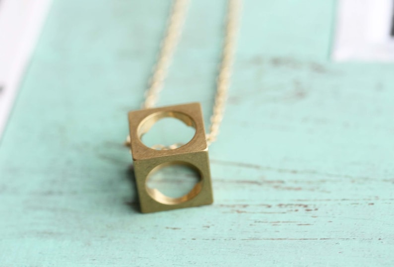 Cube Necklace Brass, Geometric Cube Necklace, Brass Square Necklace, Brass Pendant Necklace, Gold Filled Necklace, Long Necklace, Gold Chain image 2