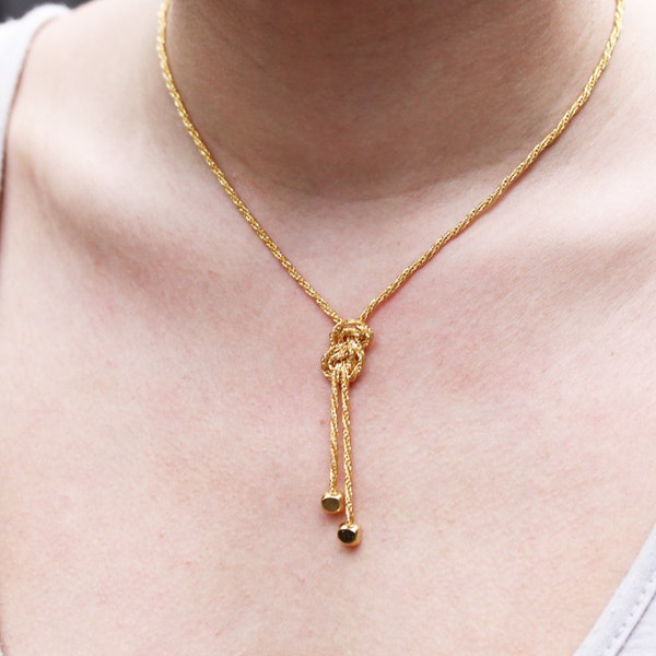 Gold Knot Necklace, Tassel Necklace, Gold Drop Necklace, Collar Necklace, Clavicle Necklace, Drop Necklace, Y Necklace, Chain Necklace