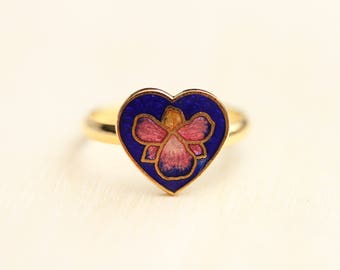 Blue Heart Ring, Enamel Heart Ring, Enamel Ring, Heart Ring, Gold Heart Ring, Orchid Ring, Black Ring, Adjustable Ring, Flower Ring