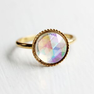 Prism Gold Ring, Celestial Gold Ring, Vintage Gold Ring, Round Crystal Ring, Glass Cabochon Ring, Opal Ring, Glass Ring