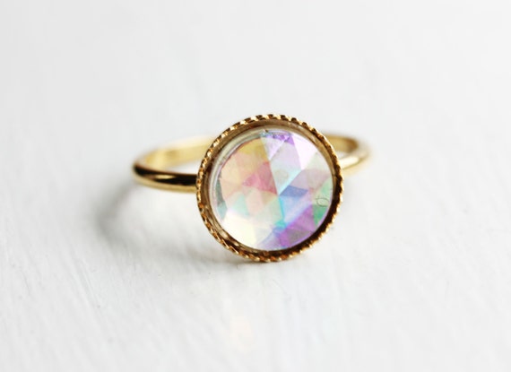 Prism Gold Ring, Celestial Gold Ring, Vintage Gold Ring, Round Crystal Ring, Glass Cabochon Ring, Opal Ring, Glass Ring