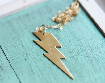 Lightning Bolt Necklace, Rad Necklace, Stamped Necklace, Charm Necklace, Brass Necklace, Gold Filled Necklace